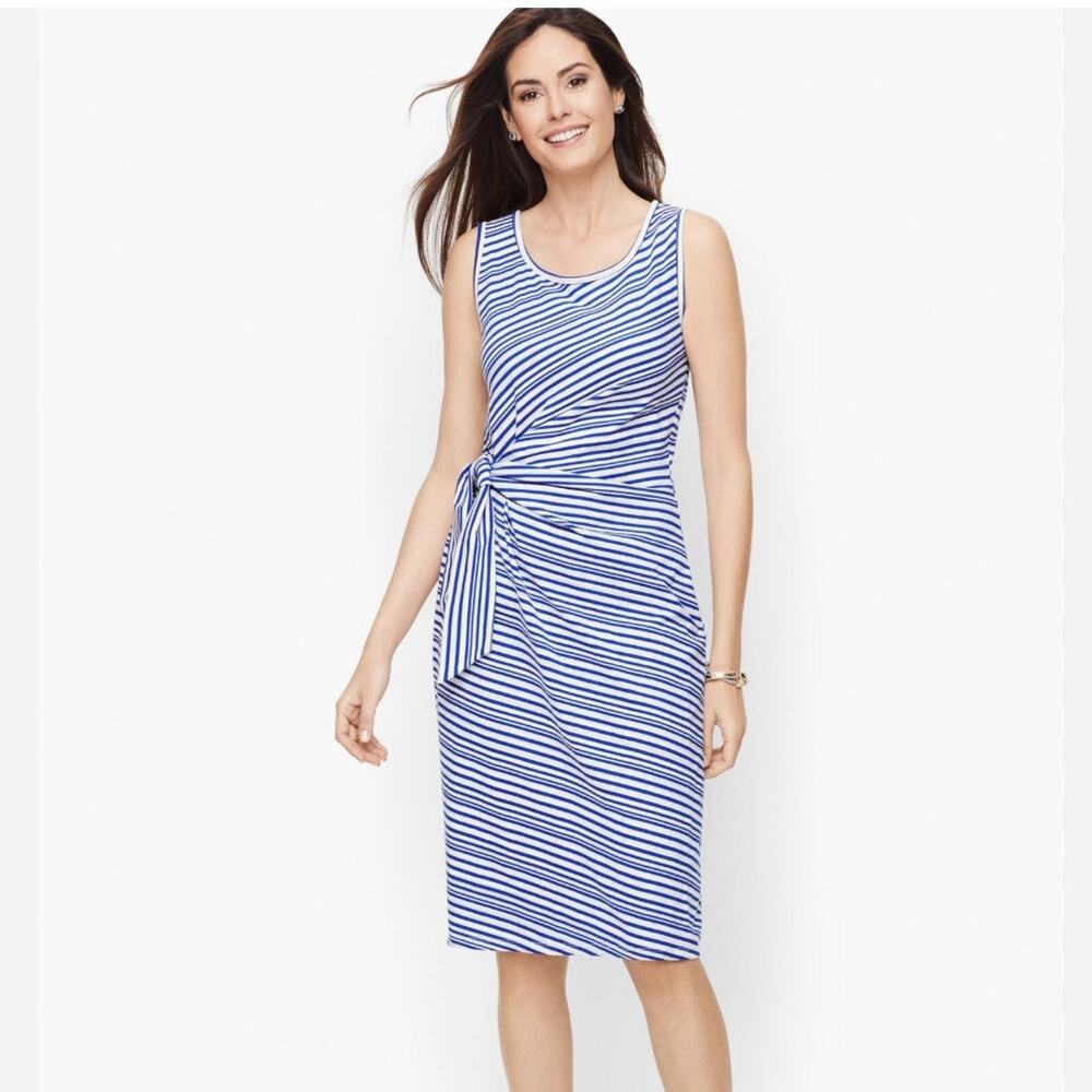Talbots Dress Plus Size 1X Petite Blue White Striped Side Tie Shift Sleeveless